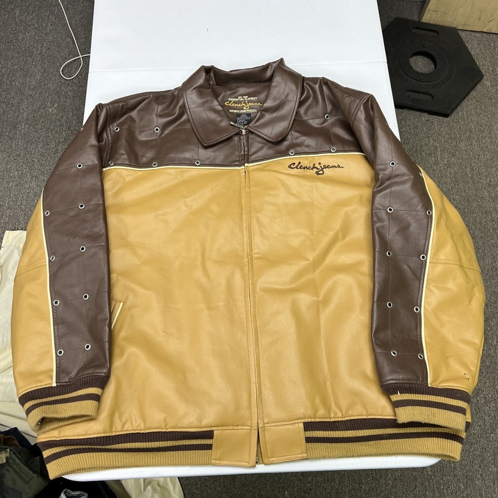 Clench Jeans Bomber Jacket Mens 5XL Brown Tan Faux Leather Colorblock Eyelet